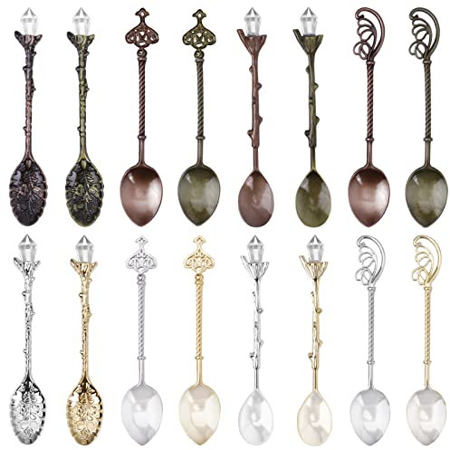 Chostky 16 pièces Cuillères à café rétro, cuillères en alliage de cristal, cuillères à dessert créatives, cuillères à thé sculptées pour le café, le sucre, le gâteau et la crème glacée
