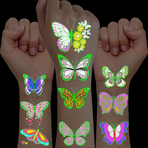 ACWOO Leuchttattoos Glitzer Tattoo Kinder, 12 Blätter Leucht Kindertattoos Geschenkideen, Schmetterling Aufkleber Mitgebsel Kindergeburtstag Gastgeschenke Geburtstagsdeko Geschenke Party Deko