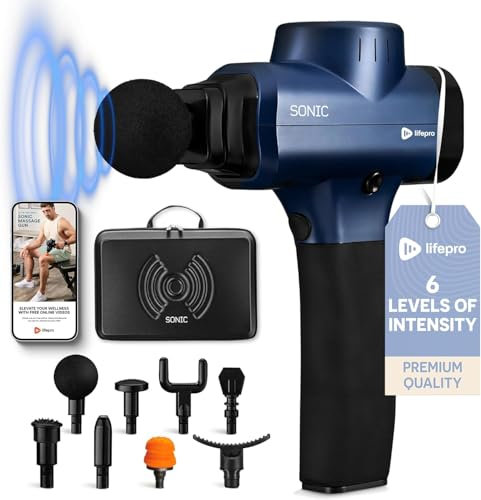 Sonic Handheld Percussion Massage Gun - Deep Tissue Massager for Sore Muscle and Stiffness - Quiet, 5 Speed High-Intensity Vibration - Quick Rechargeable Device - Includes 8 Massage Heads