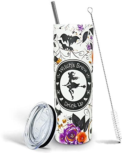 XVBCDFG Halloween Goth Skinny Vakuumisolierter Becher mit Strohhalm, 20 Oz Reisebecher, Halloween Hexengeschenk für Frauen, Mutter, Brautjungfer, Schwester, Kollegin, Chefin und Freunde