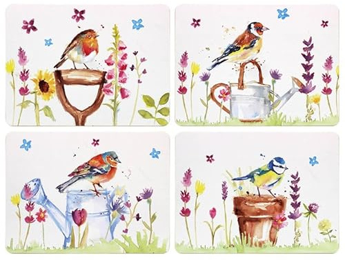Garden Birds 4-Set Cork Placemats Assorted Floral Design Tableware Heat Resist