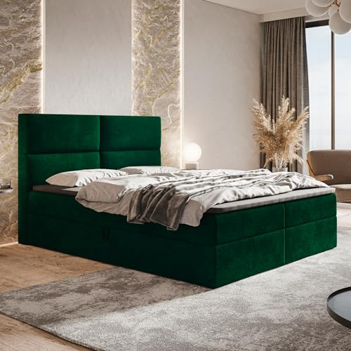 MOTIVENA Nevada Boxspringbett 160x200 mit Bettkasten und Topper, Polsterbett 160x200 mit Bettkasten, Bonellfederkern-Matratze (H4), Visco Memory-Foam Topper (H2), Samt, Grün (Dunkelgrün)