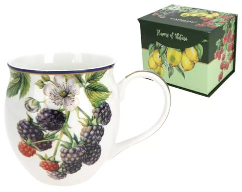 CARMANI - Grande tasse tonneau pour thé, café, chocolat chaud dans une boîte cadeau, décorée avec des mûres, 450 ml