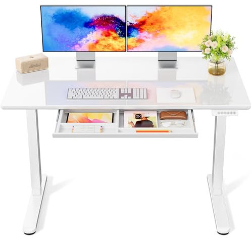 Marsail Elektrischer Stehpult aus Glas mit Schublade, 121,9 x 61 cm höhenverstellbarer Schreibtisch, einteilige Tischplatte aus gehärtetem Glas, ergonomischer Heimbüro, Sitz-Steh-Schreibtisch mit 4