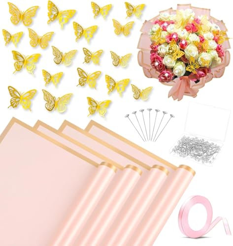 LATERN 20 Stück Rosa Blumen-Geschenkpapier mit Goldrand, 100 Diamant-Bouquet-Anstecknadeln, 60 3D-Gold-Schmetterlinge, 1 Bandrolle, für Valentinstag Muttertag Weihnachten Hochzeit (58CM x 58CM)