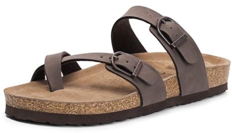 FITORY Women's Slide Sandals with Soft Cork Footbed, Comfort Arch Support Flat Sandals for Summer Brownish Yellow Size 8