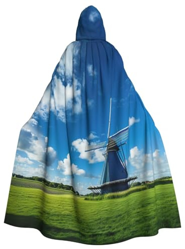 YKJJFVZ Windmill Blue Print Rogue Cosplay Adult Halloween Witch Hooded Cloak Cape Unisex Costume For Horror Parties Masquerade