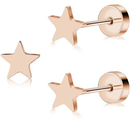ZDE Women Earrings Flat Back Star Earrings Titanium Hypoallergenic Non-Nickel Cartilage Studs for Sensitive Ears Simple Classic 5mm Tiny Gold Screw On Stud Earring (Star-Rose Gold)