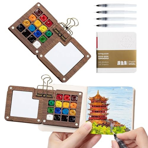 Wbgraceful Wooden Mini Paint Palette Set,15Grids Pocket Watercolor Palette Portable Sketchbook Palette Mini Travel Paint Palette with Watercolor Notebook Painting Pens Clip for Watercolor Painting