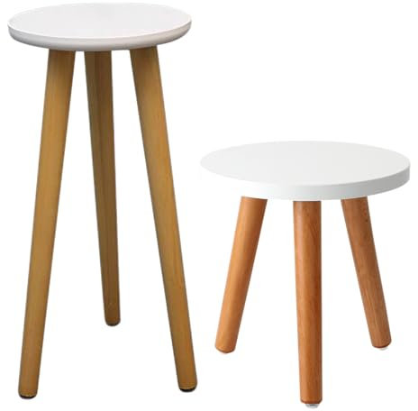 Pflanzenständer aus Holz, klein, rund, Beistelltisch, hoch, mit Hocker, Eckmatte, Eichenbein, für Pflanzen, Bambus-Blumentöpfe, modernes Pflanzenregal, Dekoration (A & B, 22 cm und 42 cm)