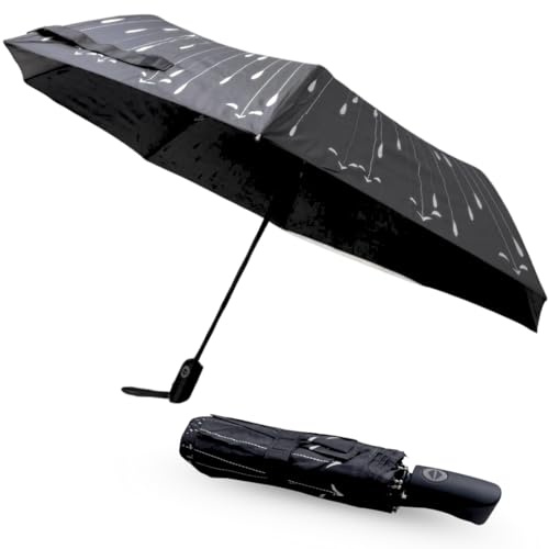 ELIXIUMPRO Regenschirm, winddicht, faltbar, automatisch, für Geschenk für Herren und Damen, robuster und kompakter Stoff, Reiseschirm mit wasserdichter Hülle, Schwarzes Regenthema, 110 cm diametro, 28