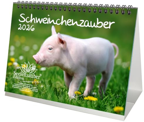 Schweinchenzauber DIN A5 Tischkalender für 2026 Schwein Schweinchen - Set-Inhalt: 1x Kalender 1x Weihnachtsanhänger 1x Grußanhänger (gesamt 3 Teile)