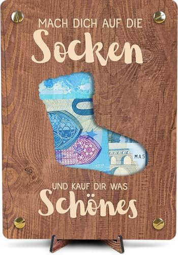 Mach dich auf die Socken Geldkarte - XL Geldgeschenk aus Holz inkl. Ständer | Mach dich auf die Socken -, Geld Geschenk Geburtstag, Witziges Geldgeschenk