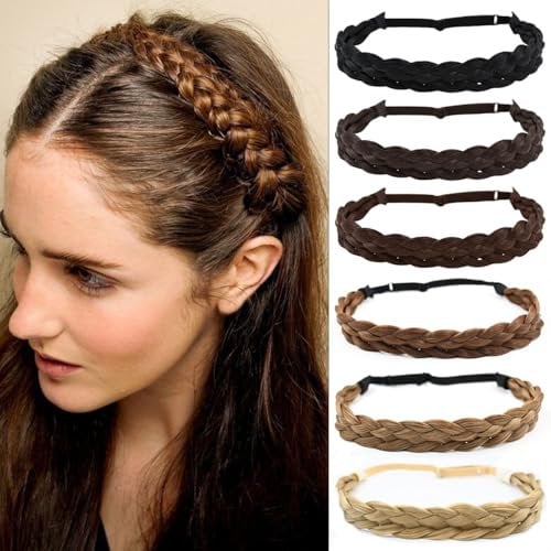 PARXITN Damen Haarband 5 Stränge Verstellbarer geflochtener Haarreif Dunkelbraun Stirnbänder für Frauen Synthetisches Haar Zopf-Haarband Geflochtener elastischer Haarreif