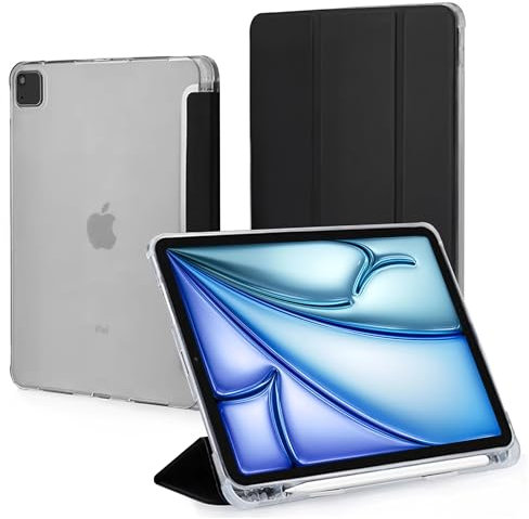 Alogy Étui pour iPad Air 13 2024/2025, iPad Pro 12.9 2018-2022 Smart Cover Auto Réveil/Sommeil Livre Cover Stylet Titulaire Transparent Arrière Slim Case avec Support Incolore Noir