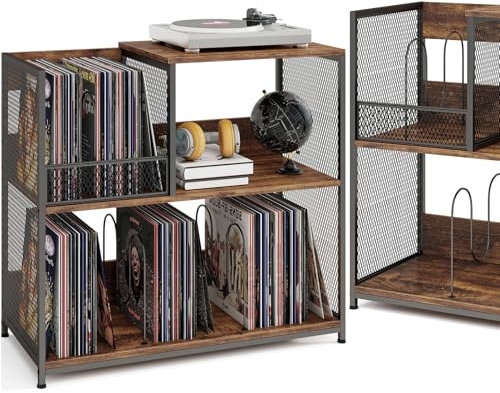 KOMFOTTEU Soporte para Tocadiscos de 3 Niveles, Mesa Auxiliar para hasta 300 Álbumes, Mueble para Tocadiscos con 3 Divisores Extraíbles, Marco de Metal, para Salón, Dormitorio