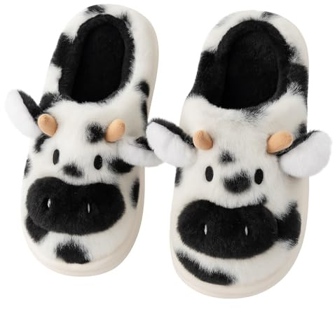 corimori Kuh Hausschuhe – Flauschige Pantoffeln im MuhKuh-Design – Lustige Plüsch Slipper - Gr. 34-44