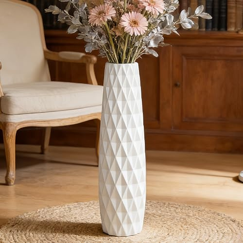 JIDOFUE 24 Weiße Keramik Bodenvase 60cm, Große Dekorative Vase für Wohnzimmer, Büro und Schlafzimmer, Moderne Deko für Pampasgras und Blumen