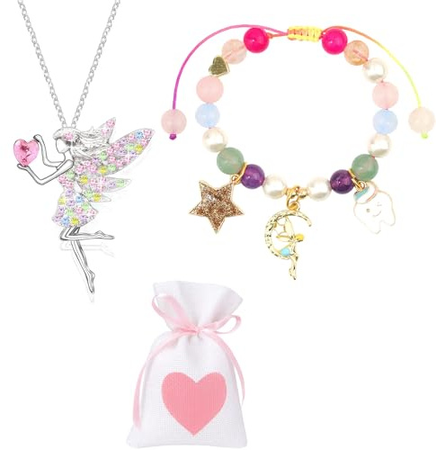 ZexJpr 3 Stück Zahnfee Geschenke Mädchen, Zahnfee Geschenke, Kette Mädchen, Farbige Fee Halskette, Perlenarmband Und Liebe Tasche, Schmuckgeschenke, Geeignet als Ermutigung, Taufe
