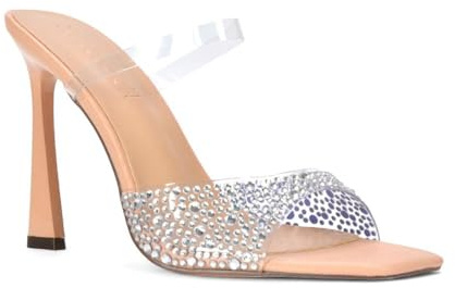 ESSEX GLAM Women's Perspex Heeled Mule Ladies Clear Rhinestone Square Open Toe Evening Party Shoes Size 3-8
