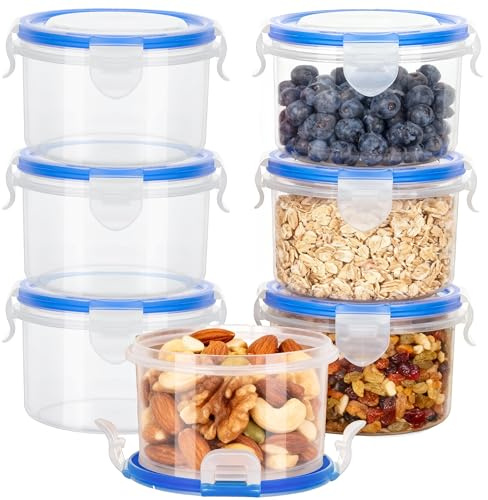 7Pcs Round Plastic Food Containers with Lids Airtight, 300ml Clip Lock Food Containers, Reusable BPA-Free Small Plastic Storage Containers, Leakproof Snack Pots with Lids for Cereal, Fruit, Yoghurt