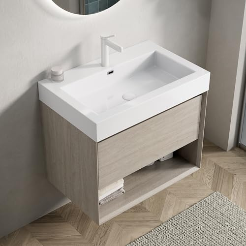 VIEKOS Waschtisch LUZ 70cm mit weißem Rechteckigem Resin-Integralbecken,Sperrholz Schrank mit eine Schublade und EIN Offenes Regal, Vormontiert, Eiche Hell Holzmaserung Farbe