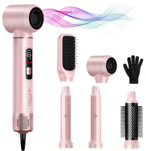 AVENHO Cepillo Secador de Pelo 5 en 1 LCD, Cepillo de Aire Caliente con Cabezales Desmontables, Alisador, Rizador y Voluminizador, Ligero para Viaje - Rose