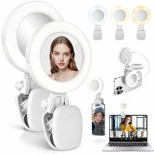 2er Set Selfie Licht Handy – Ringlicht Handy mit 3 Farbtemperaturen, 9 Helligkeitsstufen, 180° drehbar, mit Spiegel & Clip – LED Handylicht für TikTok, Zoom, Vlog, Make-up