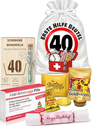 Erste Hilfe Beutel zum 40. Geburtstag mit Holztafel & Reagenzglas – Lustiges Geldgeschenk Verpackung inkl. Satinbeutel, Scherzpillen, Glückskeksen & Konfetti-Bonbon