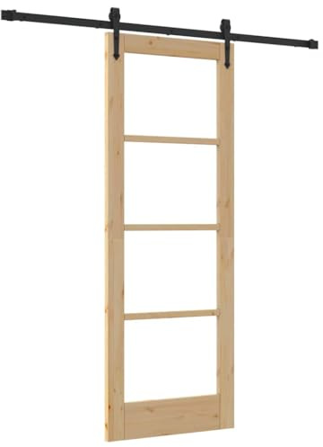 Foknhdi Puerta corredera natural 73,5 x 198,5 cm, sistema de puerta corredera de madera maciza de pino y cristal, juego completo con riel de 183 cm para interiores, puerta de habitación para salón y