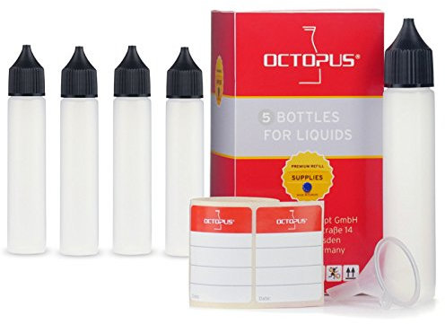 Octopus 5 x 30 ml Liquidflaschen mit Trichter + Etiketten, weiche LDPE Dosierflaschen, Unicorn bottles, Plastikflaschen + schwarze Deckel, Malflasche, Stiftflaschen