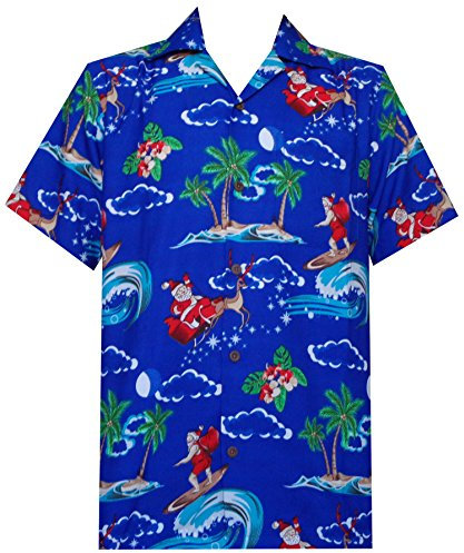 Hawaii-Hemd für Herren, Weihnachtsmann, Party, Aloha, Urlaub, Strand, Blau, XX-Large