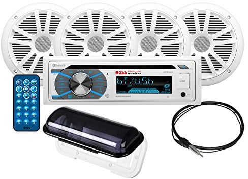 BOSS Audio Systems MCK508WB.64S Marine Boat Stereo Speaker Package - Single Din Radio Receiver Head Unit, CD Player, Bluetooth, Four 6.5 Inch Full Range Speakers, Dipole Antenna