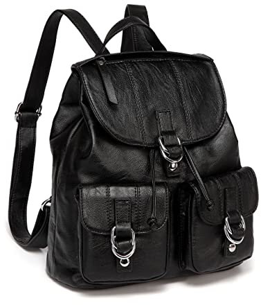 VASCHY Mini Rucksack Damen, Mode Kunstleder Schnalle Klappe Rucksack mit Kordelzug Elegant Casual Daypack für Frauen Hochschule Mädchen mit Zwei Fronttaschen Klein Schwarz