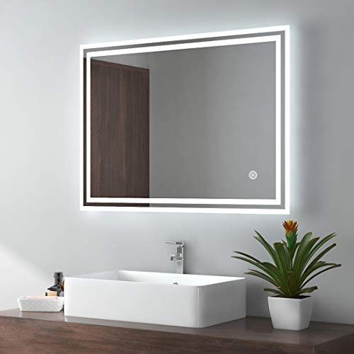 EMKE Badspiegel mit Beleuchtung 80x60cm kaltweiß dimmbar mit beschlagfrei, Touch, Speicherfunktion, 3 Stunde automatische Abschaltung Badezimmerspiegel IP44 energiesparend