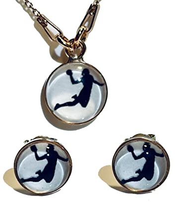 Handball Halskette Ohrstecker 925 Sterling Silber rosevergoldet Cabochon