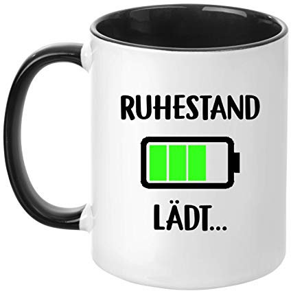TassenTicker - ''Ruhestand lädt...!'' - beidseitig Bedruckt - Tasse - Kaffeetasse - Kaffeebecher - Geschenk - Rente - Alt (Schwarz)