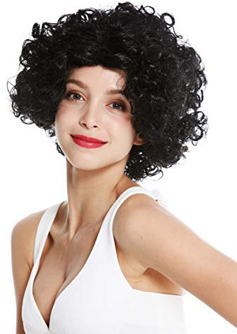 WIG ME UP - 1352-ZA103 Perücke Damen Karneval Halloween Diva kurz lockig Mittelscheitel Schwarz