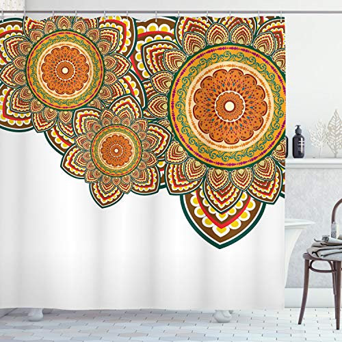 ABAKUHAUS Ethnisch Duschvorhang, Paisley Eastern Oriental, Stoffliches Gewebe Badezimmerdekorationsset mit Haken, 175 x 220 cm, Bernstein Braun