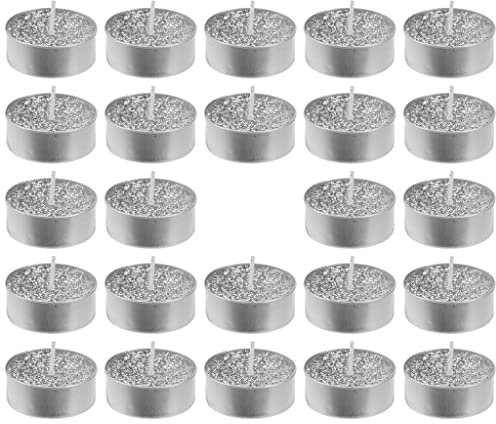 MIK funshopping magische Glitzer-Teelichter, zauberhafte Atmosphäre für weihnachtliche, festliche Anlässe, geruchsneutrale, rußfreie Kerzen, langlebige Brenndauer (Ø4 x 1,5cm - 24 Stück, Silber)