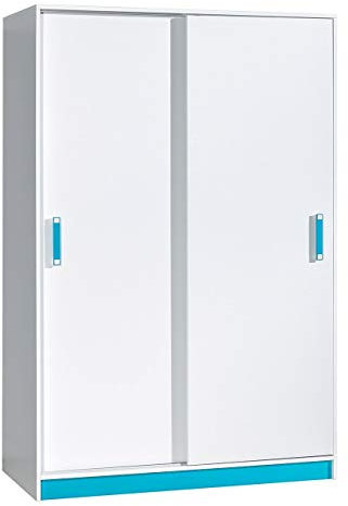 Furniture24 Schwebetürenschrank TRAFIKO 14, Kleiderschrank, Schrank mit 3 Einlegeböden und Kleiderstange (Weiß/Türkis)
