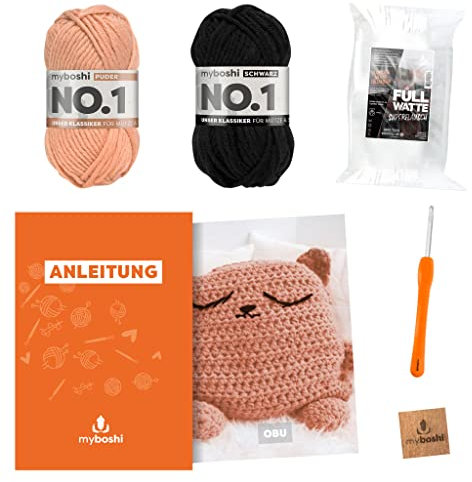 myboshi Häkelset Kuscheltier Obu, inkl. No.1 Wolle, Nadel und Anleitung, Häkelpaket, für Mützen und Schals, Amigurumi-Kissen 30% Merinowolle Rosa mit Häkelnadel