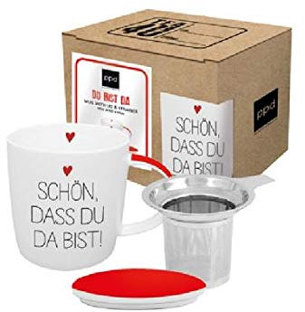 Paperproducts Design Teebecher mit Deckel und Sieb, New Bone China, rostfreies Edelstahl, dekoriert, mit Geschenkbox (Schön, DASS Du Da Bist)