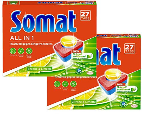 Somat 7 All in 1 - Pastillas multiactivas para lavavajillas, 54 (2 x 27), limpieza potente con función neutralizadora de olores