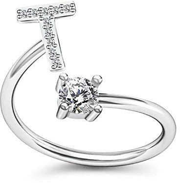Bungsa T Ring Buchstabe - BUCHSTABEN RING silber mit Kristallen - biegbarer Fingerring/Zehenring Toering für Damen, Kinder & Herren