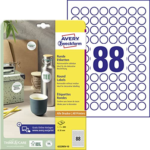 AVERY Zweckform 6222REV-10 Runde Etiketten (880 Klebepunkte, Ø20mm auf A4, runde Aufkleber zum Bedrucken, wieder rückstandsfrei ablösbar/abziehbar, selbstklebende Marmeladenetiketten) 10 Blatt, weiß
