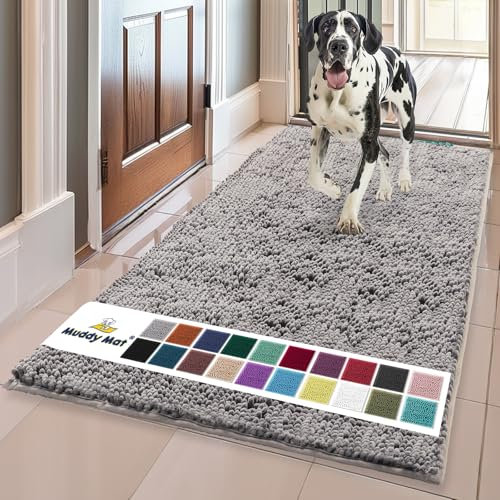 Muddy Mat® AS-SEEN-ON-TV Highly Absorbent Microfiber Door Mat and Pet Rug, Non Slip Thick Washable Area and Bath Mat Soft Chenille for Kitchen Bathroom Bedroom Indoor and Outdoor - Grey XL 59X35