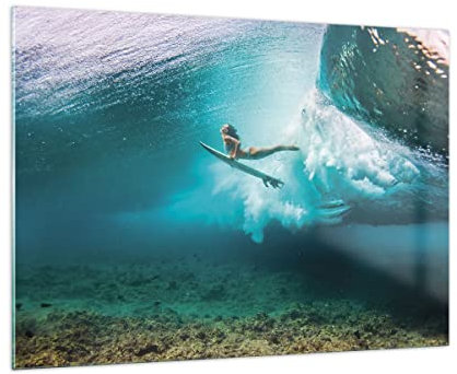 Moderne Impression sur Verre 100x70cm Image Tableau en Verre Decoration Murale Surf Sous L'Eau Femme Grand Tableaux Decoratifs Muraux Chambre Cuisine Horizontal Deco Cadre Salon Art GAA100x70-4898