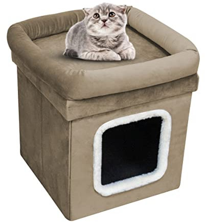 HomeHarmony® Cat Pet House Foldable Easy To Assemble Velvet Pet Kennel Bed Cosy Soft Warm Comfortable With Lid Size 38cm x 38cm x 40cm (Mink)
