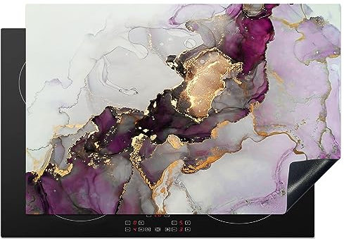 MuchoWow Herdabdeckplatte Ceranfeld Spritzschutz Küche Marmor - Abstrakt - Gold - Lila 78x52 cm Induktionsherd Abdeckung Induktionskochfeld Ceranfeldabdeckung